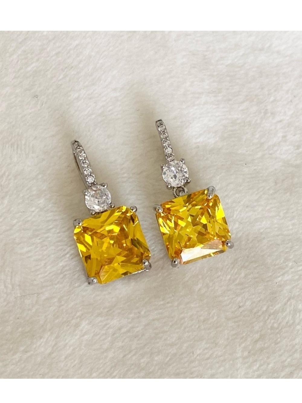 Yellow Square-Cut Dangle Earrings with Clear Accent Stones